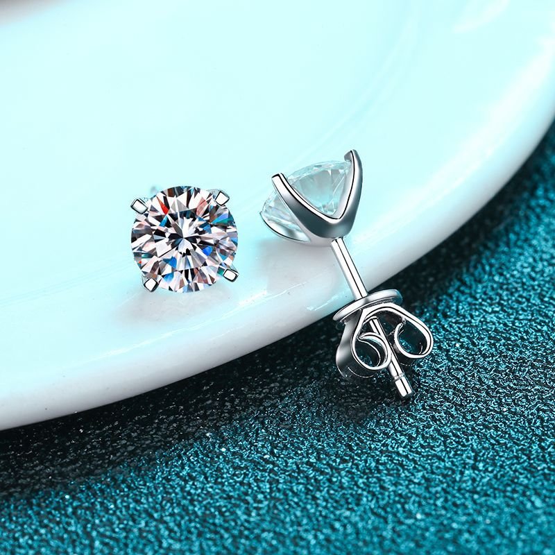 925 Silver Four-Prong Stud Earrings 20pt 30pt 50pt 80pt 1ct 2ct Moissanite Simple Style