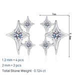 S925 Sterling Silver Full Moissanite Star Stud Earrings for Women, Four-Pointed Star, Delicate Cute Minimalist Daily Wear