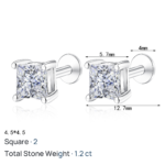 S925 Sterling Silver Moissanite Stud Earrings for Women Square Screw Back Minimalist Daily