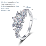 S925 Sterling Silver Moissanite Ring for Women, Square Geometric Design, Light Luxury Fashion