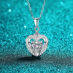 S925 Sterling Silver Moissanite Necklace for Women, Heart Hollow Out Collarbone Chain, Light Luxury European and American Style Pendant