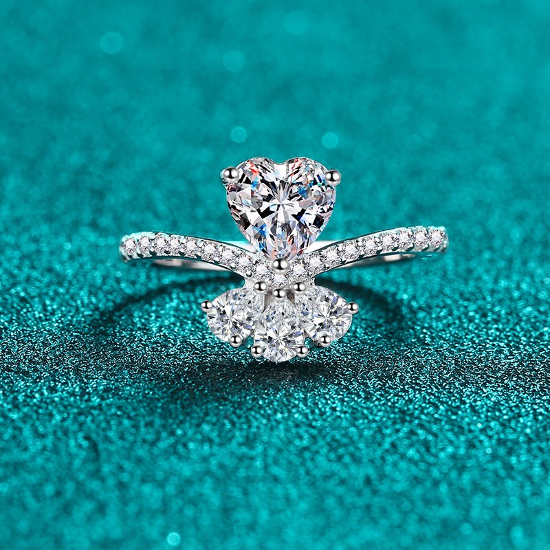 S925 Sterling Silver Moissanite Ring for Women Heart Bouquet Style Elegant Gift for Girlfriend