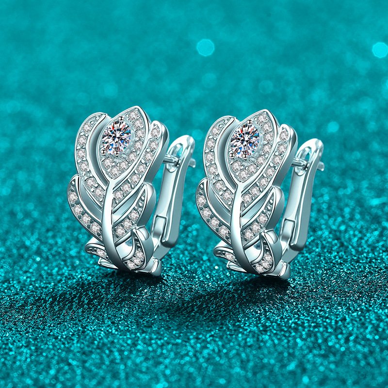S925 Sterling Silver Moissanite Feather Earrings for Women, Light Luxury Elegant Lady High-End Fashion