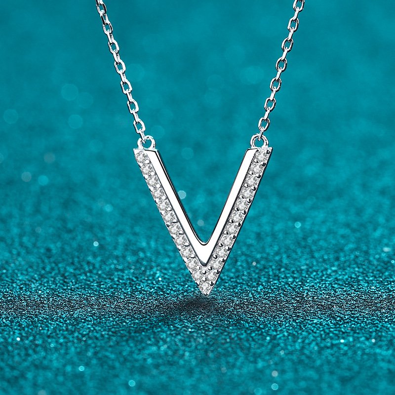 V-Shape Moissanite Pendant Necklace in Silver Tone