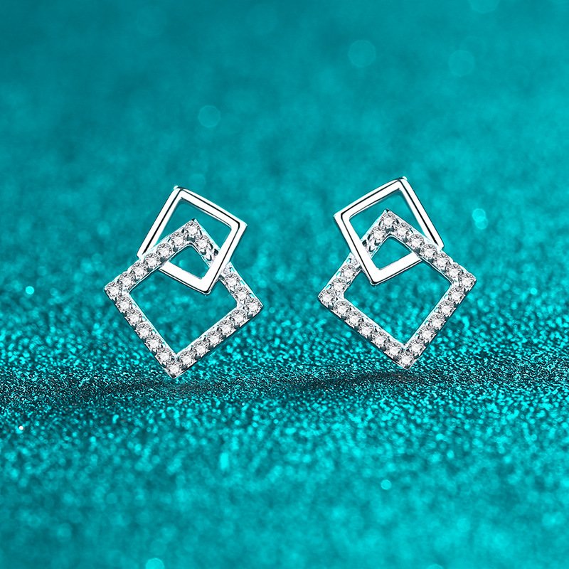 S925 Sterling Silver Moissanite Stud Earrings for Women Geometric Square Minimalist Fashion