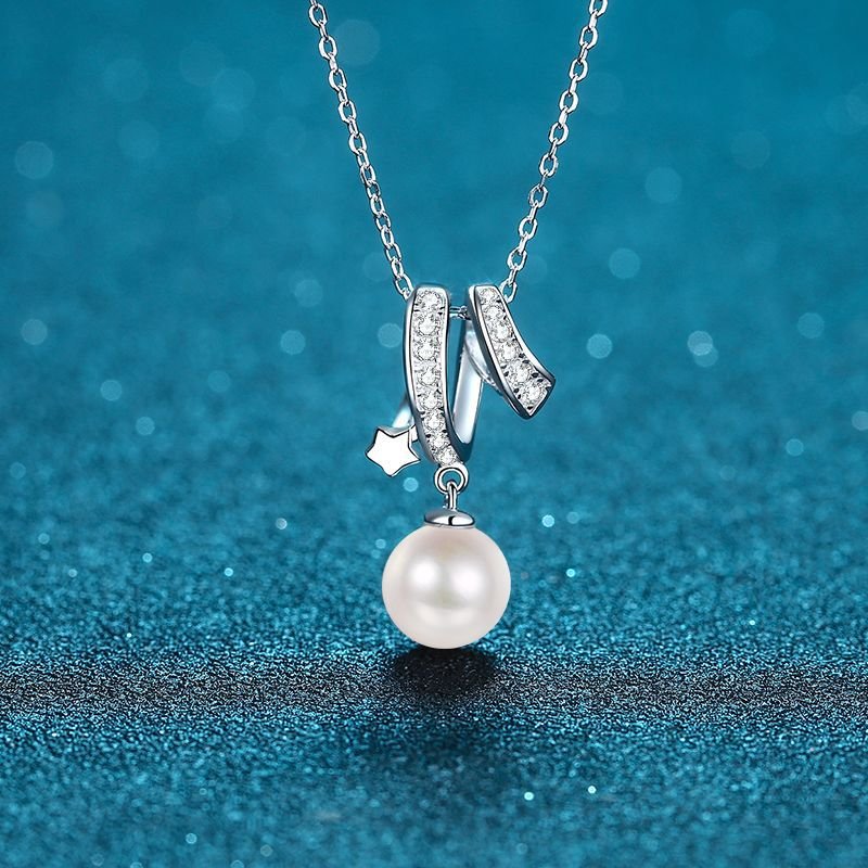S925 Sterling Silver Clavicle Chain Necklace for Women, Cross Style, 8mm Flawless Freshwater Pearl Moissanite Necklace