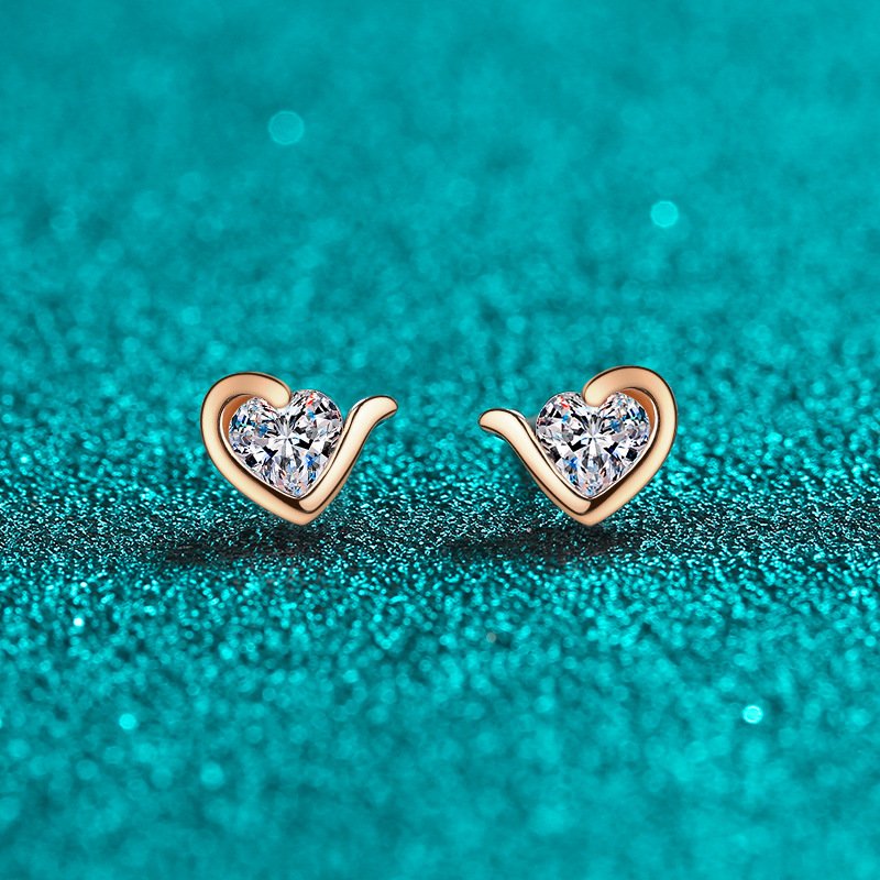 S925 Sterling Silver Moissanite Champagne Gold Heart-Shaped Earrings for Women, Unique Design, Exquisite and Compact, Daily Versatile