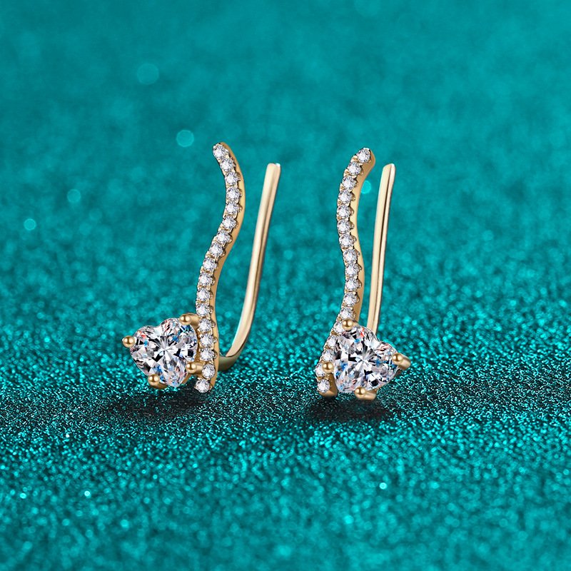 S925 Silver Moissanite Champagne Gold Heart Earrings for Women, Fashionable Line Art Earrings