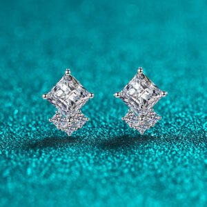 S925 Sterling Silver Moissanite Stud Earrings for Women, Simple Square Design, Daily Versatile Commute
