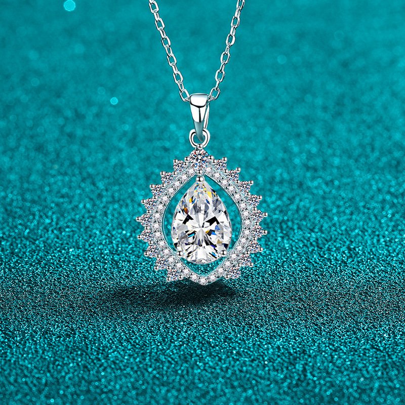 S925 Sterling Silver Pear-Shaped Moissanite Pendant Necklace for Women, Sunflower Teardrop Pendant, Elegant Luxury Collarbone Chain