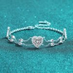 S925 Sterling Silver Handcrafted Moissanite Bracelet with Heart Frame, Blue Color Stone, Sweet and Cute Style