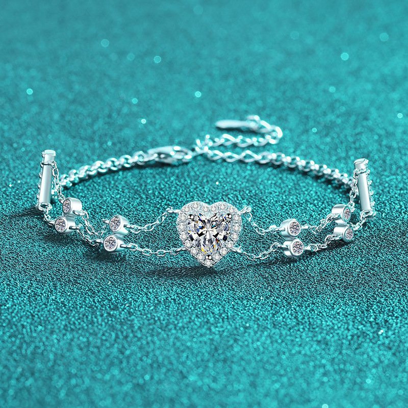 S925 Sterling Silver Handcrafted Moissanite Bracelet with Heart Frame, Blue Color Stone, Sweet and Cute Style
