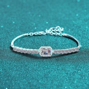 S925 Sterling Silver Handcrafted Moissanite Bracelet for Women, Rectangular Bezel-Set Bagette, Blue Color Stone, Light Luxury Style