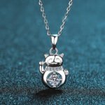 S925 Sterling Silver Moissanite Necklace for Women, Cute Lucky Cat Pendant, Simulated Diamond Chain, Factory Direct Wholesale