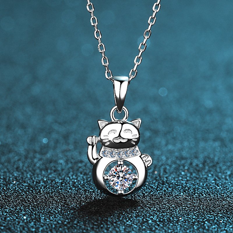 S925 Sterling Silver Moissanite Necklace for Women, Cute Lucky Cat Pendant, Simulated Diamond Chain, Factory Direct Wholesale