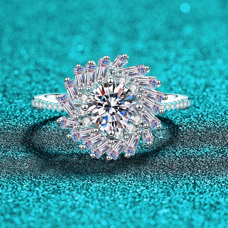 S925 Sterling Silver Moissanite Ring Women Geometric Rectangular Chamfered Sunflower Ring Luxurious High-End