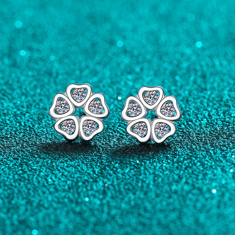 S925 Sterling Silver Women's Heart-Shaped Petal Moissanite Earrings, Sweet Style, Gift for Friends