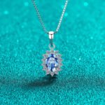 S925 Sterling Silver Moissanite Necklace for Women, Box Chain, Blue Oval Moissanite Pendant