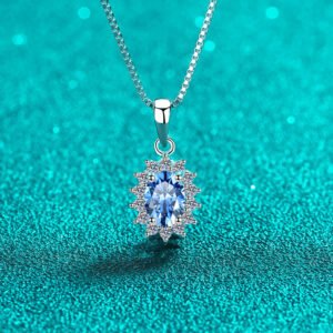 S925 Sterling Silver Moissanite Necklace for Women, Box Chain, Blue Oval Moissanite Pendant