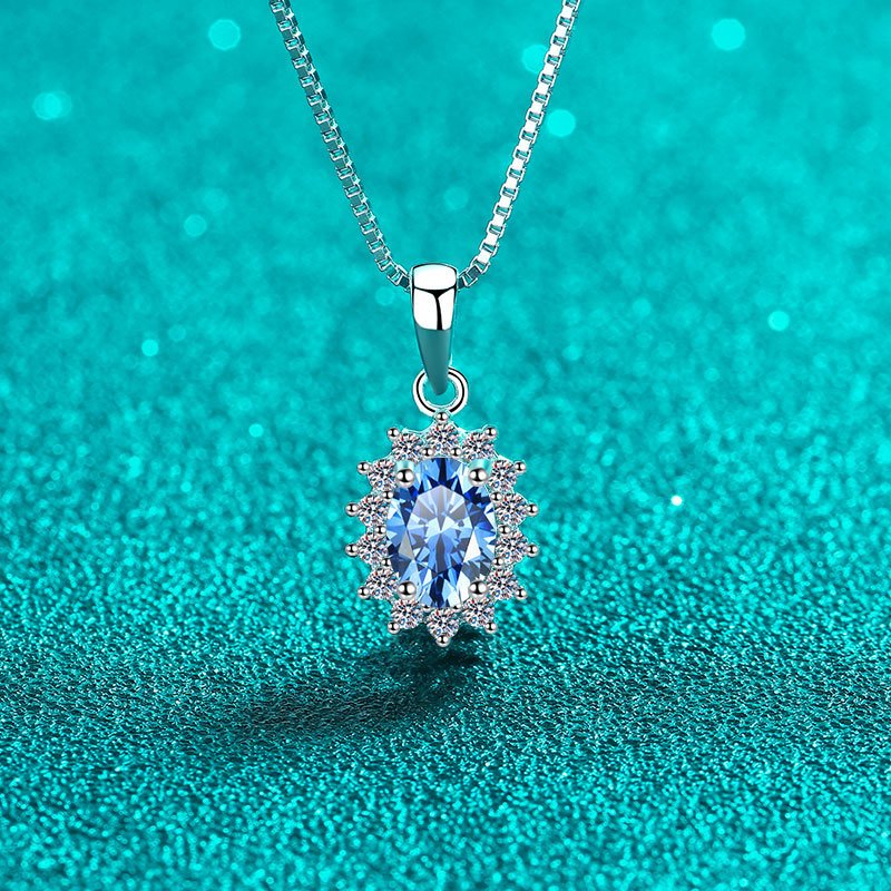 S925 Sterling Silver Moissanite Necklace for Women, Box Chain, Blue Oval Moissanite Pendant