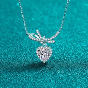 S925 Silver Moissanite Heart Necklace for Women, Butterfly Bow Pendant, Full Diamond, Luxury Princess Style