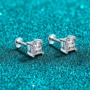 S925 Sterling Silver Moissanite Stud Earrings for Women Square Screw Back Minimalist Daily