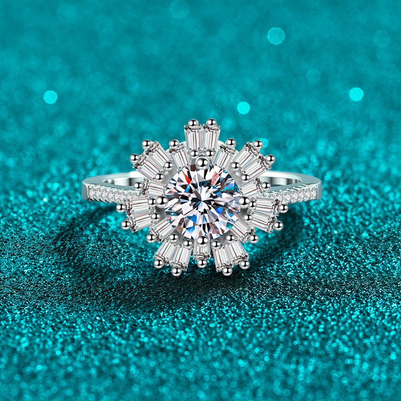 S925 Sterling Silver Moissanite Ring for Women Geometric Rectangular Beveled Sunflower Ring Luxurious High-End Style