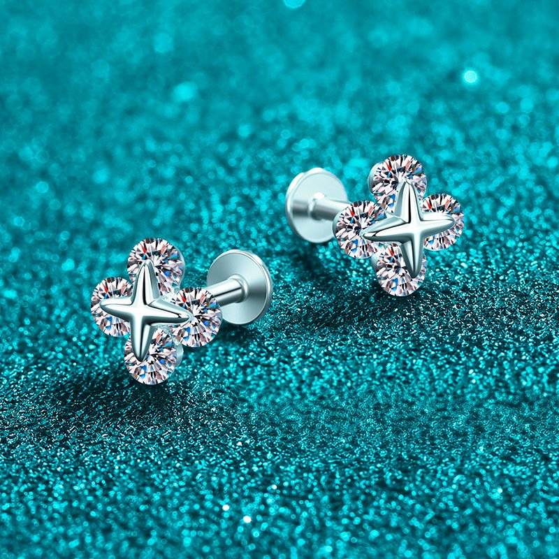 S925 Sterling Silver Moissanite Stud Earrings for Women, Star Design, Screw Back, Simple and Elegant
