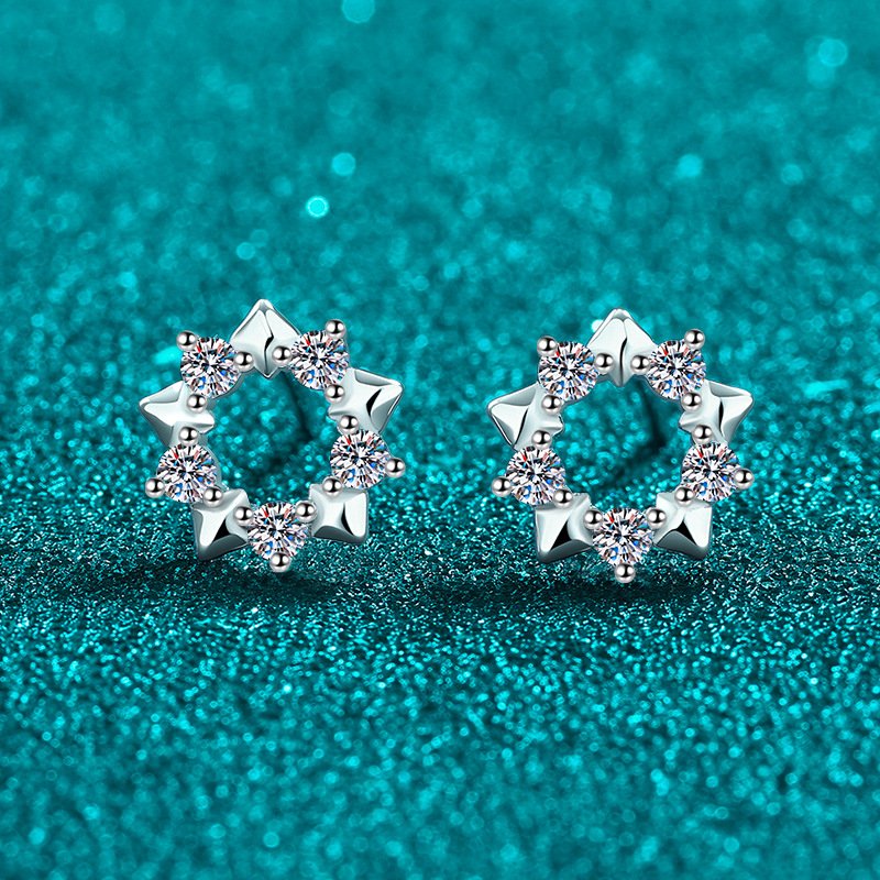 S925 Sterling Silver Full Moissanite Star Earrings for Women, Exquisite Cute Daily Simple
