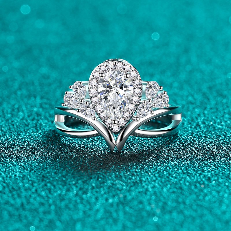 S925 Sterling Silver Moissanite Ring for Women Pear Cut V-Shape Hollow Out Floral Design Elegant