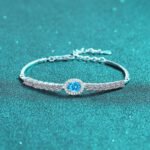 S925 Sterling Silver Handcrafted Moissanite Bracelet, Women's Blue Oval Bezel Set Row of Stones, Minimalist Design