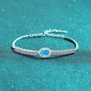S925 Sterling Silver Handcrafted Moissanite Bracelet, Women's Blue Oval Bezel Set Row of Stones, Minimalist Design