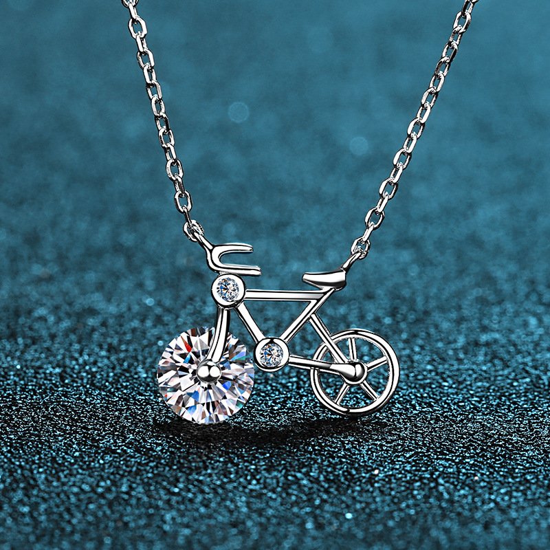 S925 Sterling Silver Moissanite Bicycle Pendant Necklace for Women, Simple and Cute, Factory Direct
