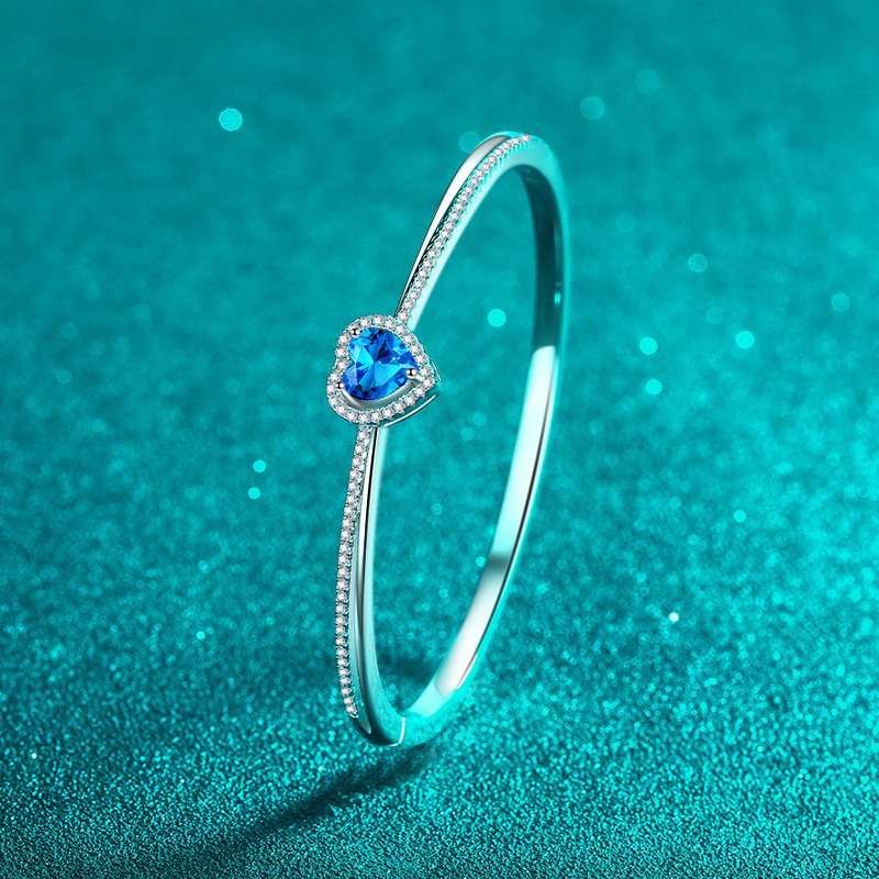 S925 Sterling Silver Bracelet Royal Blue Moissanite Heart Cute Sweet Bangle Wholesale