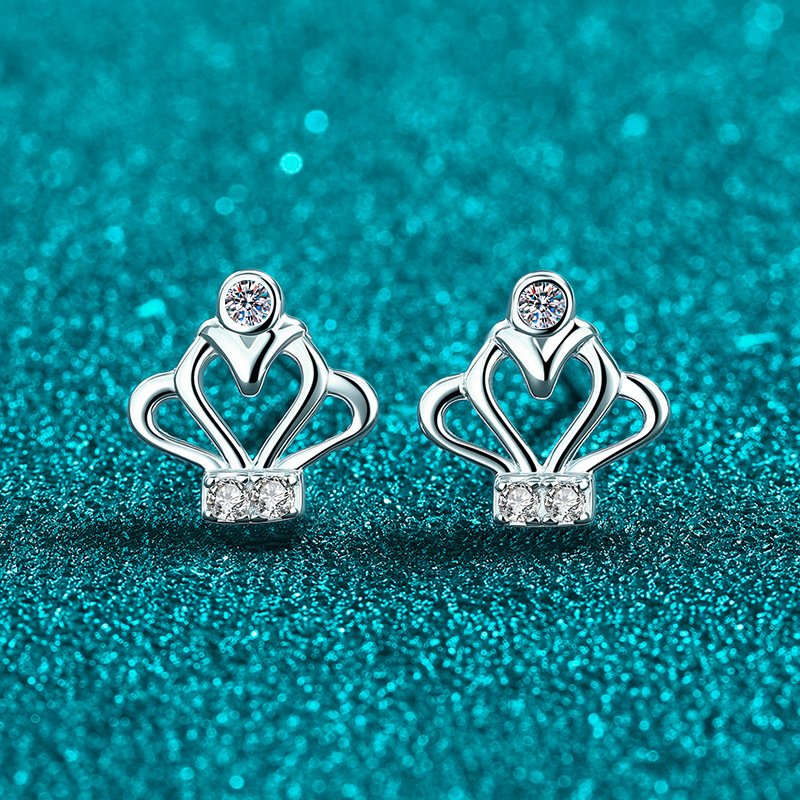 S925 Sterling Silver Crown Moissanite Earrings for Women, French Vintage Style, Daily Wear