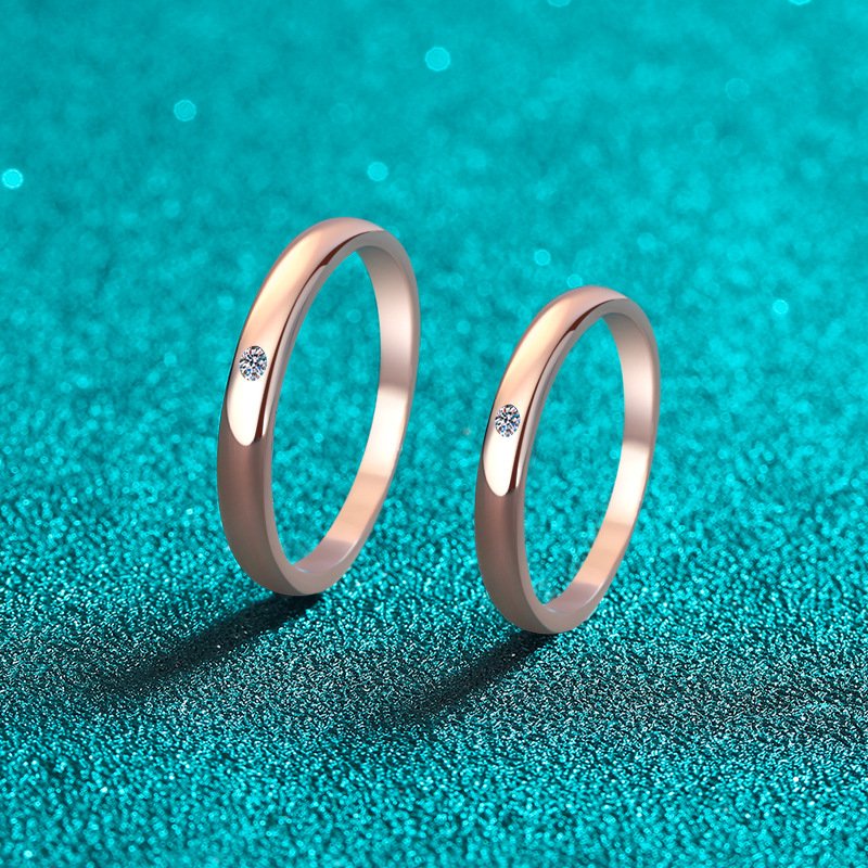 S925 Sterling Silver Moissanite Couple Ring Champagne Gold Tone Simple Band