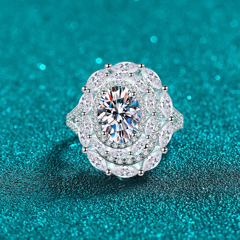 S925 Sterling Silver Moissanite Ring for Women, Oval Cut, Exaggerated Luxury Style, European and American Fashion