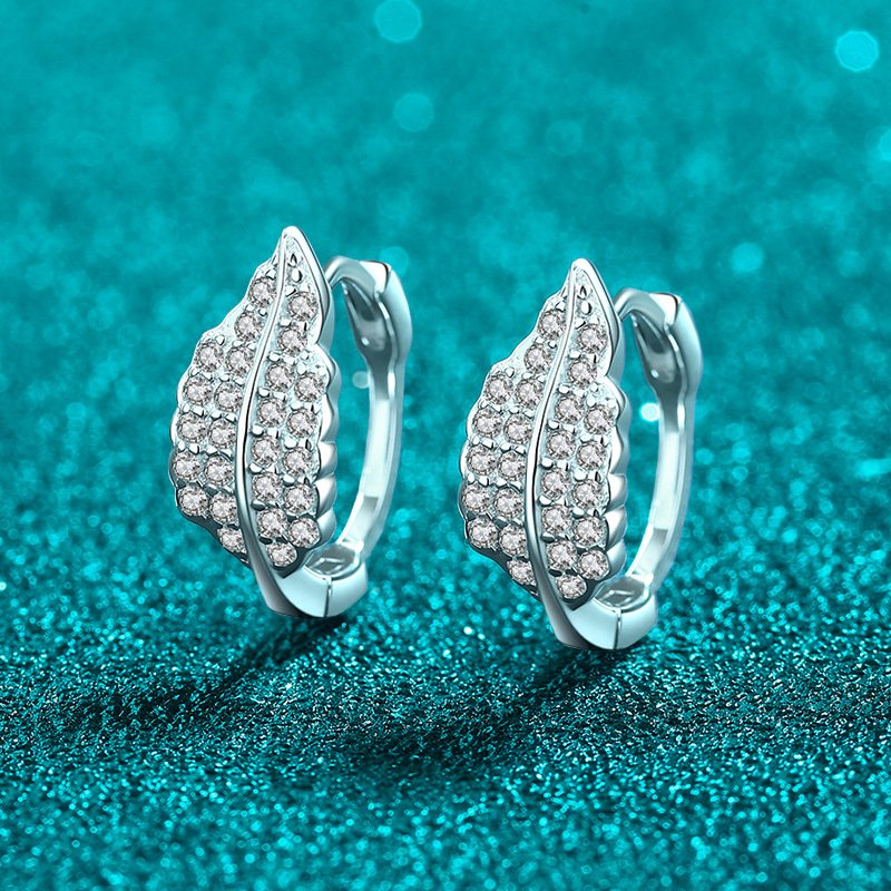 S925 Sterling Silver Moissanite Leaf Stud Earrings for Women, Leaf Design Ear Cuff, European and American Light Luxury Earrings