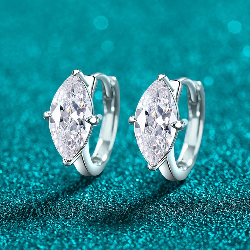 S925 Sterling Silver Moissanite Stud Earrings for Women, Simple Marquesine Ear Cuff, Olive Shape, Elegant Daily Versatile