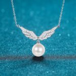 S925 Sterling Silver Clavicle Chain Necklace for Women 10mm Flawless Pearl Angel Wings Moissanite Pendant