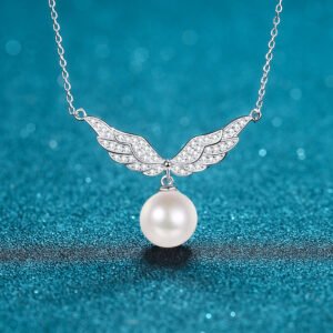 S925 Sterling Silver Clavicle Chain Necklace for Women 10mm Flawless Pearl Angel Wings Moissanite Pendant