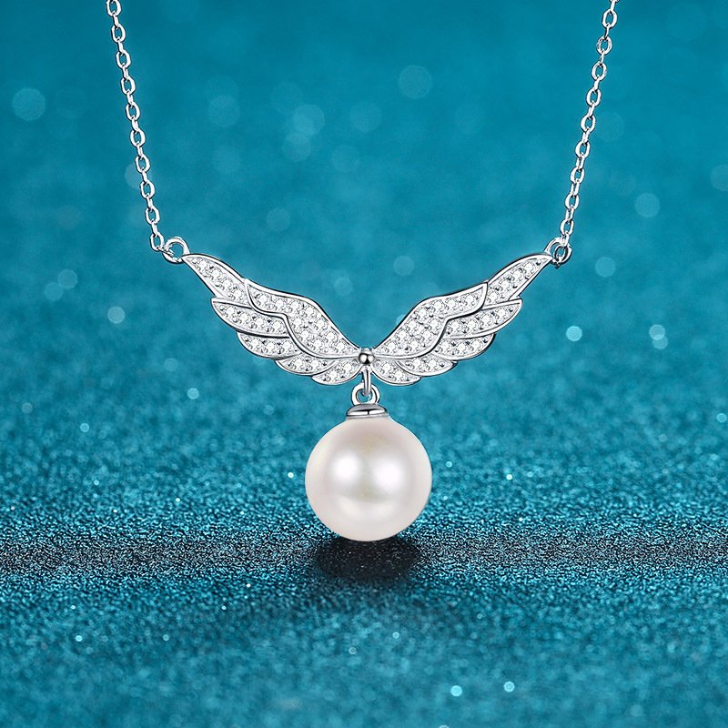 S925 Sterling Silver Clavicle Chain Necklace for Women 10mm Flawless Pearl Angel Wings Moissanite Pendant