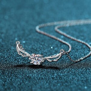 S925 Silver Angel Wings CZ Pendant Necklace, 50-Point Moissanite, Wholesale
