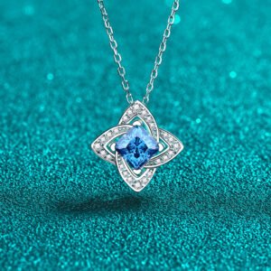 S925 Sterling Silver Pendant Necklace with Blue Moissanite, Four-Leaf Clover Square, Light Luxury, High Quality, Wholesale
