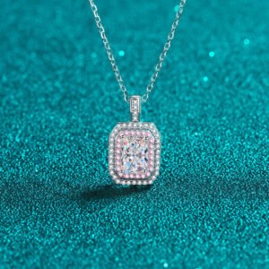 S925 Sterling Silver Necklace for Women, Emerald Cut Moissanite Pendant, Two-Tone Chain, Factory Direct Wholesale