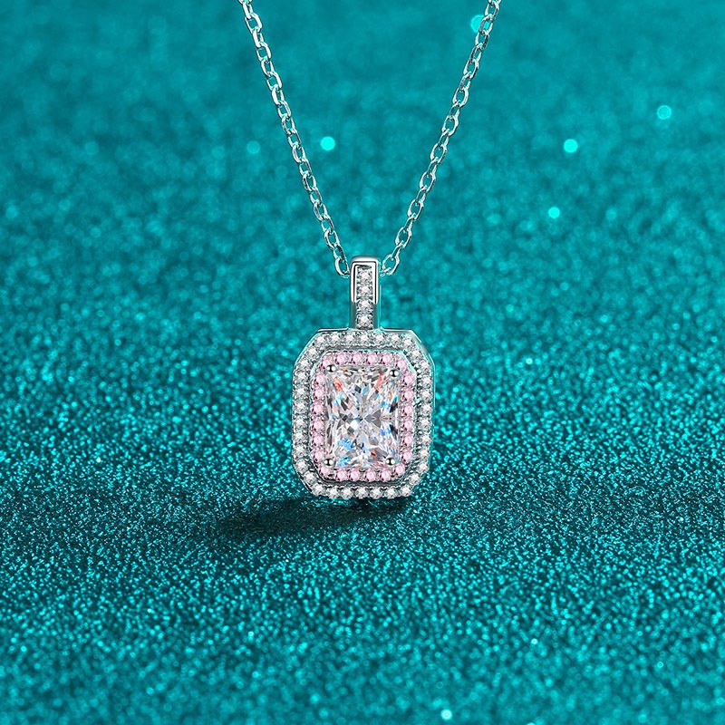 S925 Sterling Silver Necklace for Women, Emerald Cut Moissanite Pendant, Two-Tone Chain, Factory Direct Wholesale
