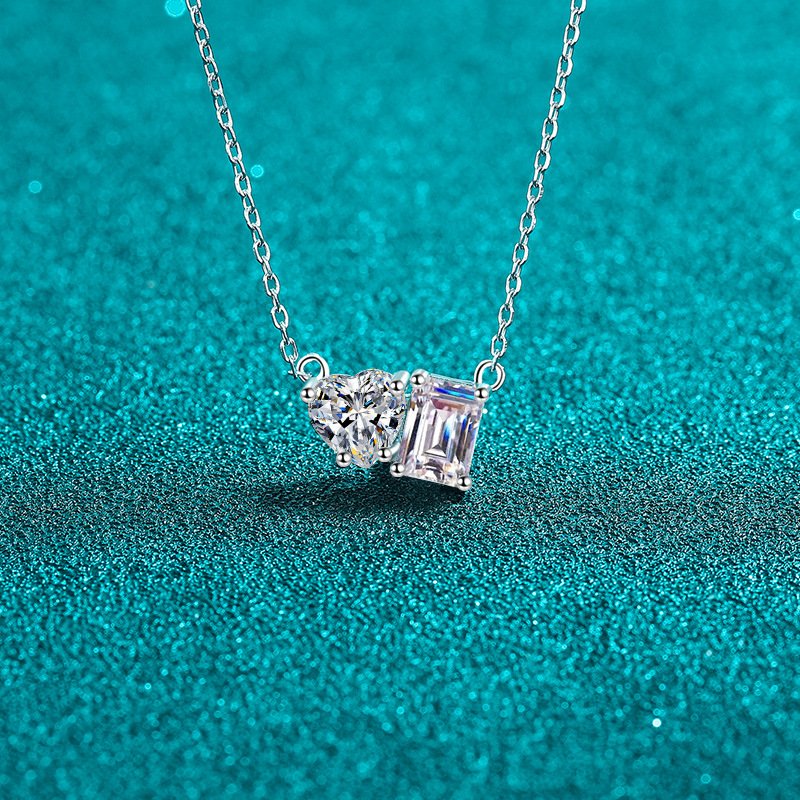 S925 Sterling Silver Moissanite Necklace for Women, Super Shiny Square Sugar Heart Collarbone Pendant, Simple and Sweet