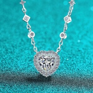 S925 Sterling Silver Moissanite Necklace for Women, Heart Pendant, Simple Chain, Sweet Style