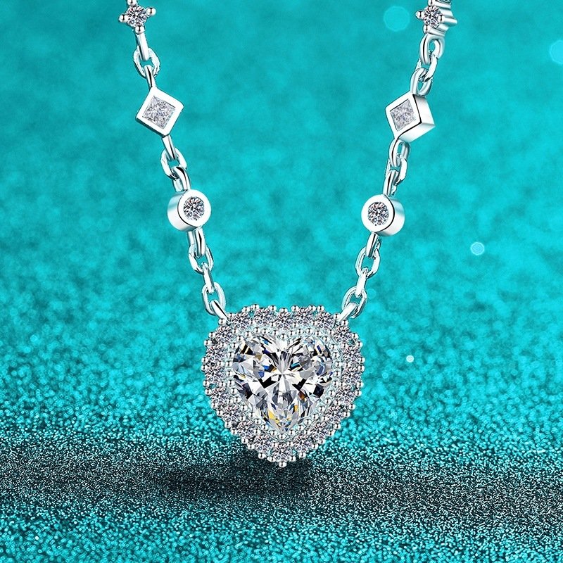 S925 Sterling Silver Moissanite Necklace for Women, Heart Pendant, Simple Chain, Sweet Style