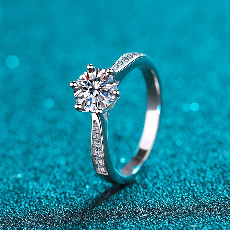S925 Sterling Silver Ring for Women 1 Carat Moissanite Korean Style Six-Claw Micro-Setting Band